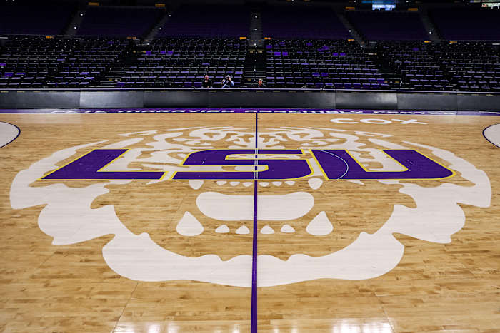 The LSU Tigers logo on the basketball court at the Pete Maravich Assembly Center.